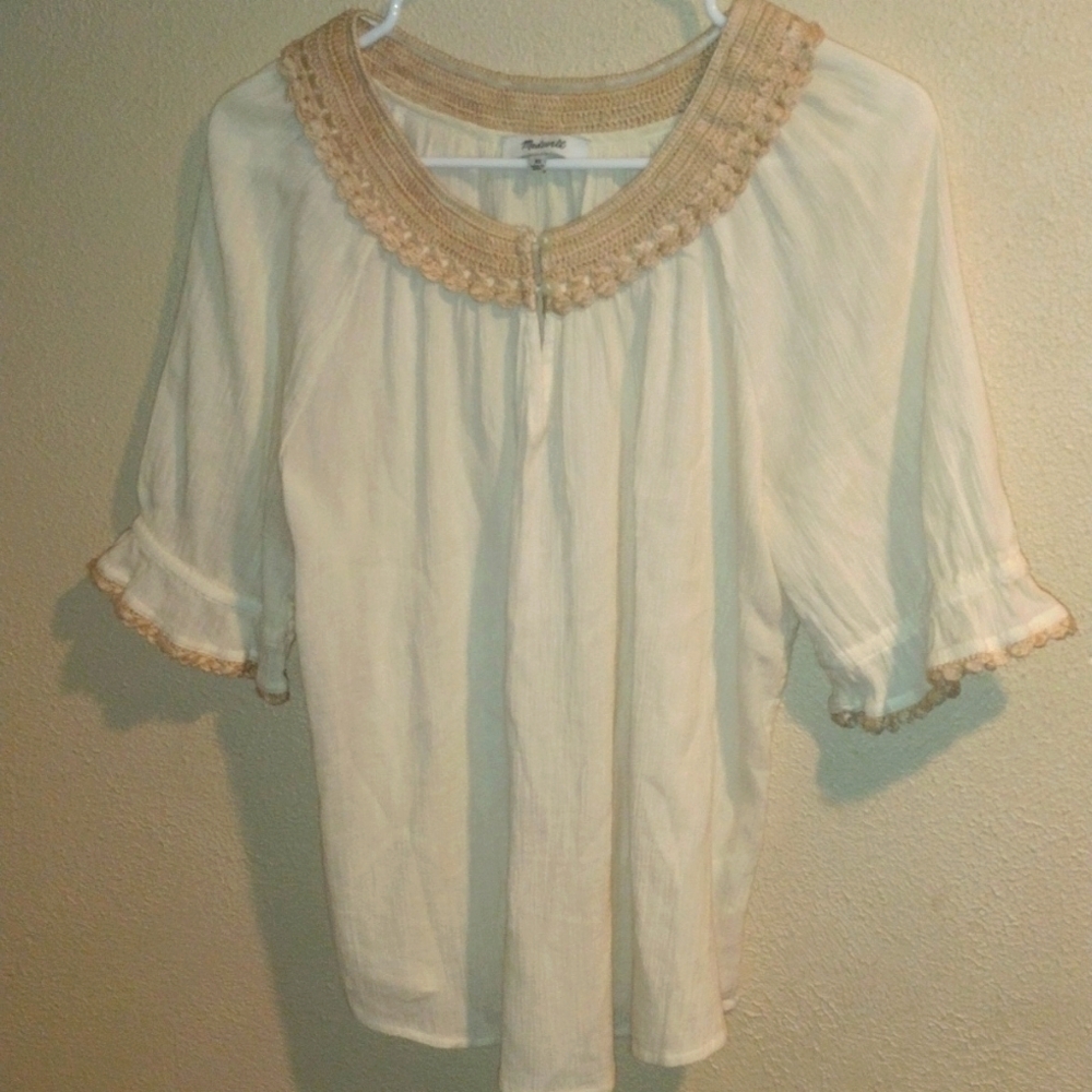 Cream Pullover 100% Cotton Peasant Boho Top XS